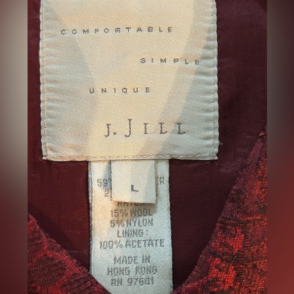 J Jill Vintage Wool Blend Brocade Damask Textured Burgundy Collar Jacket Large - Picture 11 of 13